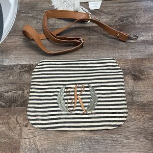 Thirty-One Black and Tan Striped black Flap w/ Crossbody Strap